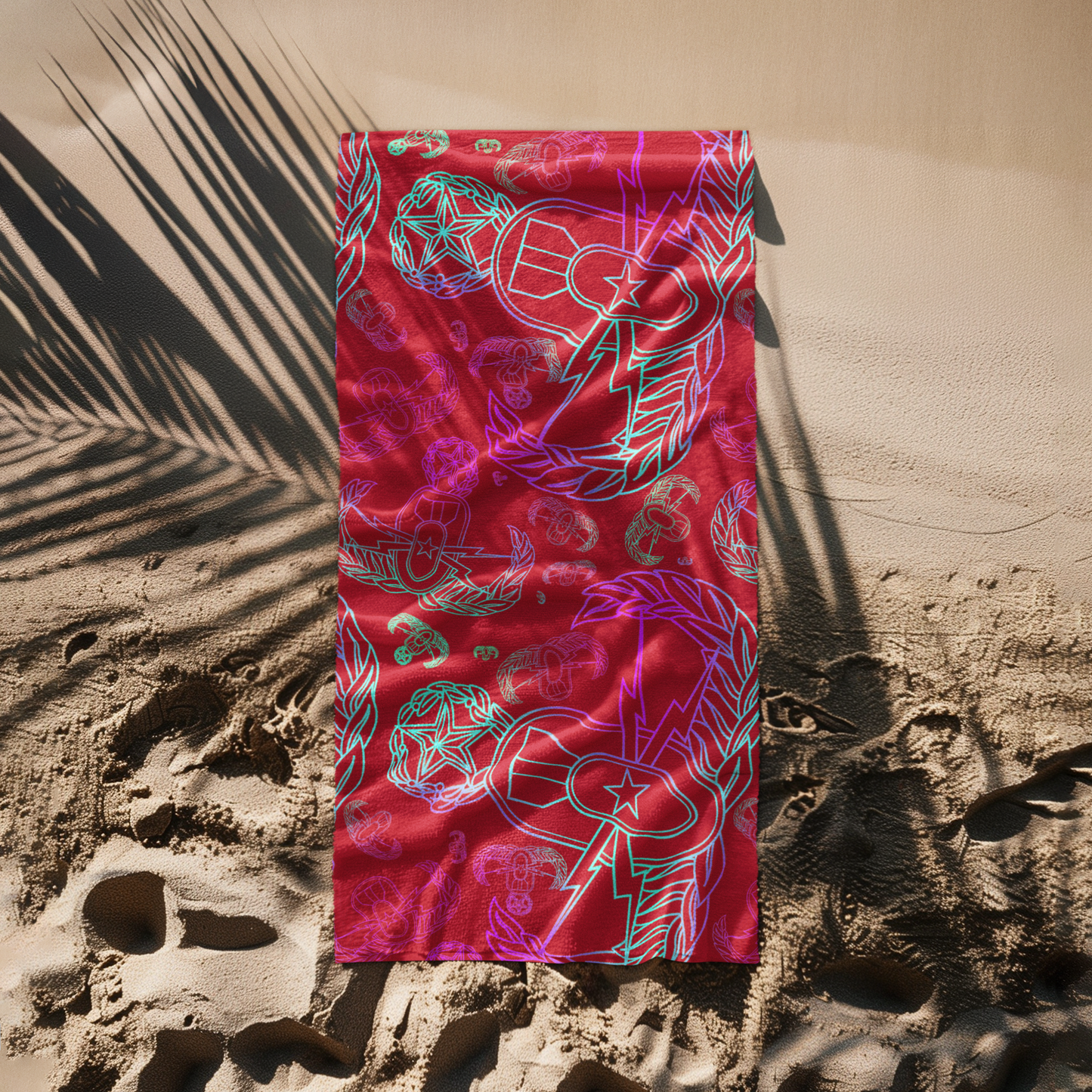 Print On Demand - Beach Towel - "EOD Mixed Badges" (Multicolor on Red)