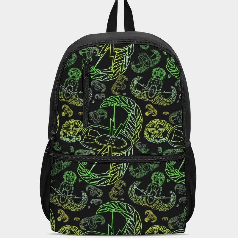 Print On Demand - Duo-Zip Backpack - "EOD Mixed Badges" (Lemon Lime on Black)