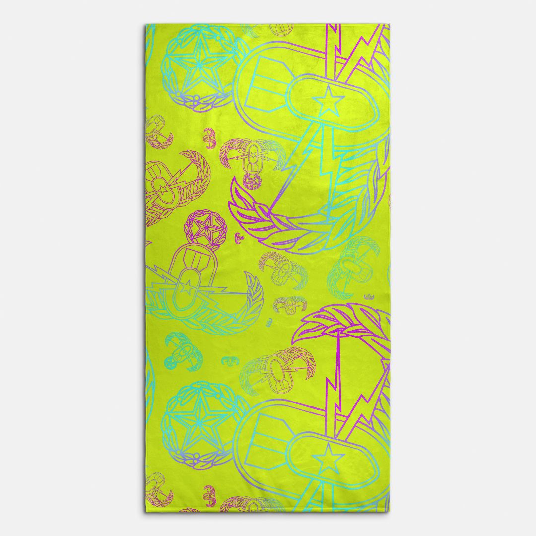 Print On Demand  - Beach Towel - "EOD Mixed Badges" (Multicolor on Yellow)
