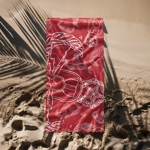 Print On Demand  - Beach Towel - "EOD Mixed Badges" (White on Red)