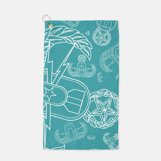 Print On Demand - Golf Towel - "EOD Mixed Badges" (White on Turquoise)